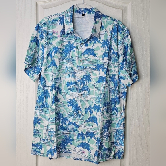 KYKU Men's Button Down Short Sleeve Tropical Hawaiian Shirt, Blue & Green, LARGE - Picture 5 of 10